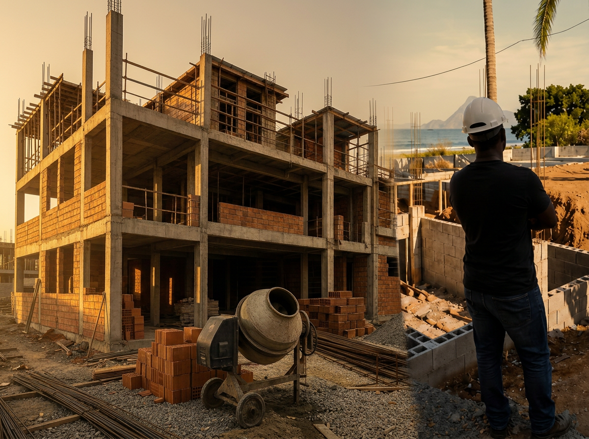 Montagem de uma obra em construção com um profissional de capacete acompanhando o trabalho